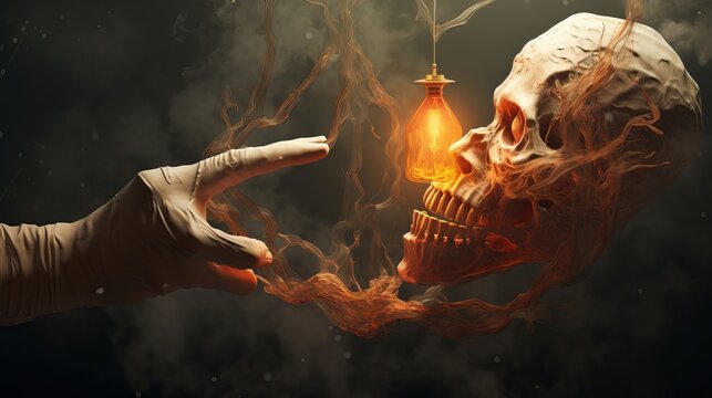 Tattoed butcher in dark gloves salts tied piece of meat to smoke it