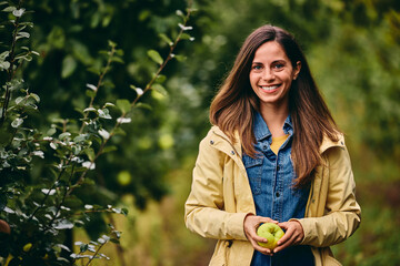Portrait of a smiling brunette girl, holding an apple quince, in the orchard.