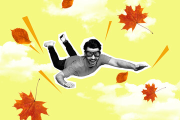 Composite collage image of excited mini black white effect guy flying clouds sky fallen leaves...