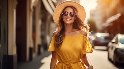 Youthful smart lady wearing yellow maxi dress, dark cap, shades and satchel strolling within the city road. Spring mold furnish, rich see. Also estimate demonstrate - obrazy, fototapety, plakaty