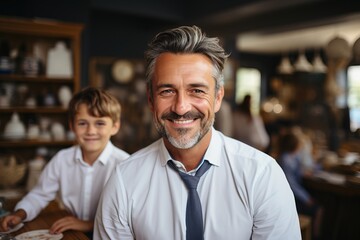 Portrait of an adult teacher for college students a man in a shirt looks at the camera beard and stylish hairstyle - obrazy, fototapety, plakaty