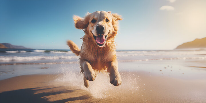 
Sunset lighting of happy golden retriever dog running out of mountain river with water splashes in background of beautiful sky and landscape. Lifestyle concept for animals and pets, generative AI