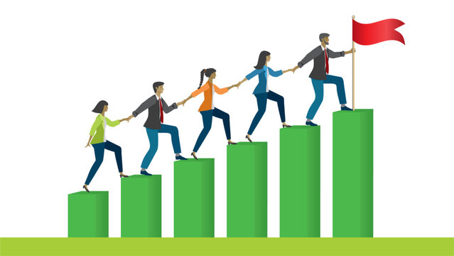 Teamwork, businesspeople climbing together against the goals, helping each other and holding hands in the stairs. Isolated. Vector illustration.