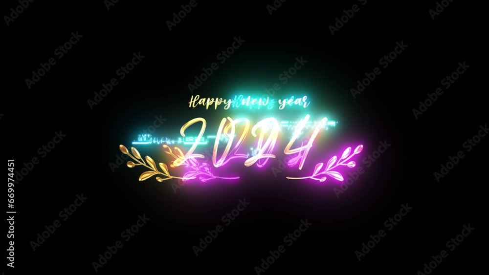 Poster 2024 happy new year golden text with light motion glitch cyber punk effect animation abstract backgr