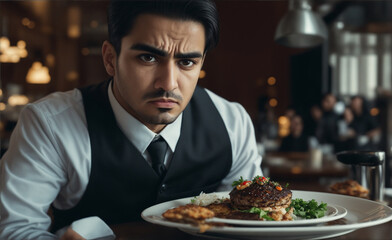 Obraz na płótnie Canvas waiter serves customers at restaurant at lunch or dinner
