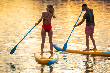 Man and woman sup board surfers at sunset.
