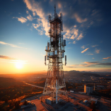 Elevated view of a telecommunications tower against a breathtaking sunset, with city landscape and mountains in the distance