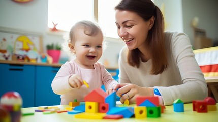 Upbeat young lady and instructor having fun in nursery - obrazy, fototapety, plakaty