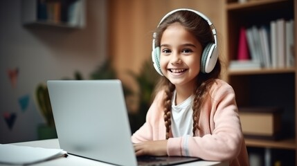 Positive young girl wearing headphones with laptop at home during online learning.