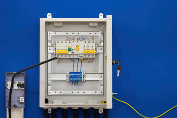Switch electrical box. Panel with automatic devices for controlling electricity. Metal power...