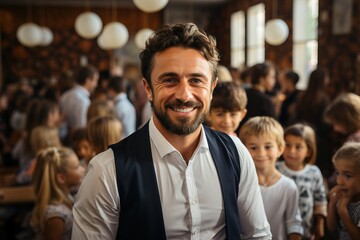 Portrait of a male teacher smiling in a junior class standing in a classroom with children in the background. A school for learning foreign languages.