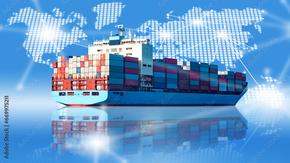 Poster container ship on blue. world map metaphor for logistics. ship for transporting goods across ocean. 