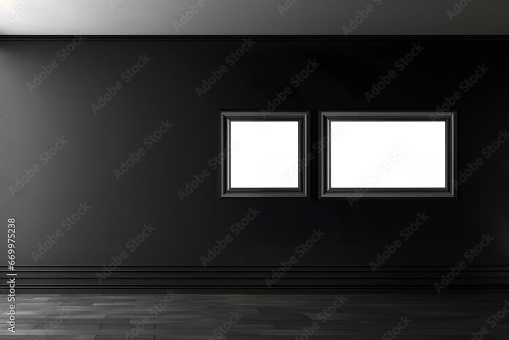 Fototapete creative mock concept. empty dark large empty wall room with natural shadow and two blank frames . b