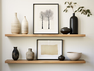 Bamboo Floating Shelf with Contemporary Frames and Brass Vase