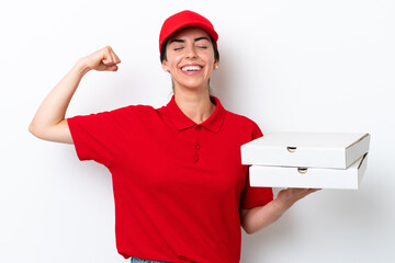 Pizza delivery caucasian woman with work uniform picking up pizza boxes isolated on white...