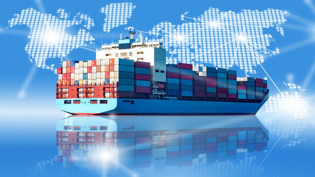 Container ship on blue. World map metaphor for logistics. Ship for transporting goods across ocean. International logistics concept. Container ship for exporting goods. Marine vessel for import