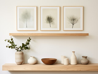 Fototapeta na wymiar Hickory Wood Floating Shelf with Canvas Frames and a Green Vase