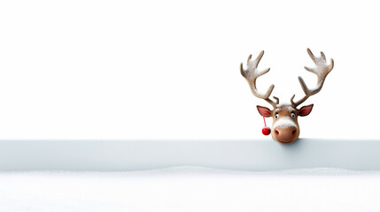 funny reindeer peeking his head out from behind a snowy wall - obrazy, fototapety, plakaty