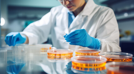 Fototapeta premium Laboratory specialist inspecting a Petri dish with a precise fermentation specimen