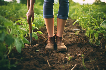 Low section of girl hoeing weeds in vegetable garden using hand fork and mattock