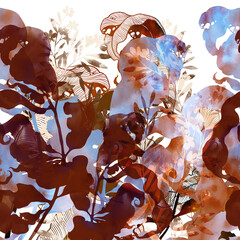Winter bouquet: frozen dry leaves endless motif. Digital art and watercolour, ink texture. Seamless border for packaging, scrapbooking, textile. Modern art-deco. - 669976007