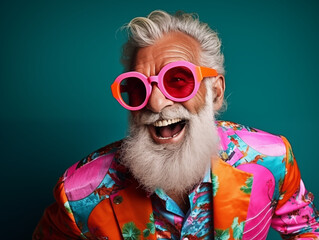 Eccentric Senior Man Dressed in Loud and Flashy Clothes Laughs and has a Good Time and Definitely doesn't care what you think - obrazy, fototapety, plakaty