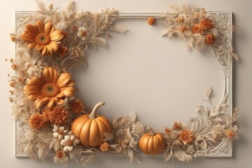 Fototapeta premium Festive autumn decor Frame from pumpkins, flowers and fall leaves. Concept of Thanksgiving day or Halloween Design. Wedding or Flowers Frame Background.