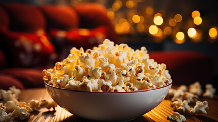 Close up bowl of popcorn and remote control with TV running in the background. Relaxing evening watching a movie or TV series at home.