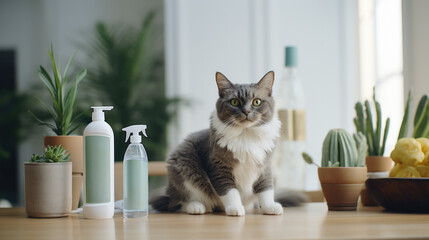 A cat sits on a table next to care products. Template for designers - obrazy, fototapety, plakaty