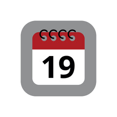 Red calendar flat icon isolated on gray background. Calendar with a specific day marked, vector illustration of appointment schedule marking day 19.