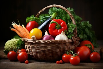 Basket with assorted vegetables on an organic food background. Generative AI