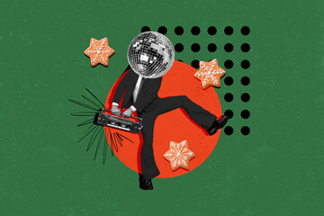 Creative abstract template collage of disco ball dancing retro christmas new year greeting card...