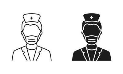 Surgeon Man Doctor Line and Silhouette Black Icon Set. Plastic Surgery Specialist in Medical Face Mask Pictogram. Professional Medic Staff in Hospital Symbol Collection. Isolated Vector Illustration