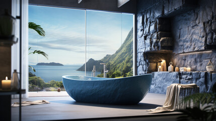 Obraz na płótnie Canvas Soothing Beige and Ocean Blue Modern Bathroom with Spa-Like Bathtub with Waterfall Feature and Glass-Enclosed Shower