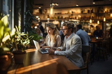 A woman and a man use a laptop, a team, a group of managers, young entrepreneurs of big business in the office, stylish people in business clothes.