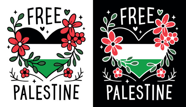 Free Palestine Palestinian flag heart and flowers drawing. Illustration to support Palestine. Vector for t-shirt, prints and social media post. Love and freedom concept stop the war.