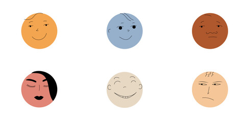 round abstract Faces with various Emotions. Different colorful characters. Flat design
