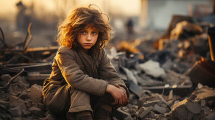 Orphaned children is homeless after the war , child in dirty clothes abandoned after an war - obrazy, fototapety, plakaty