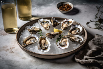 Close up of black plate with opened oysters with bottle of wine and lemon. Seafood on mramor table with linen textile, background