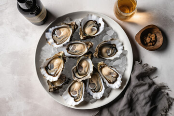 Close up of white plate with seven opened oysters, lemon view from above. Flat lay, Seafood on mramor table, with gray linen textile