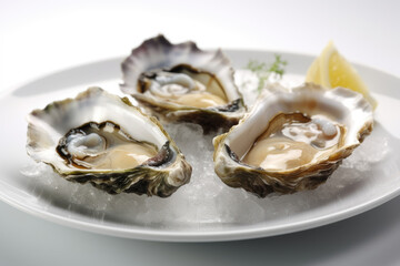 Close up of white plate with three opened oysters and lemon. Seafood isolated on white background