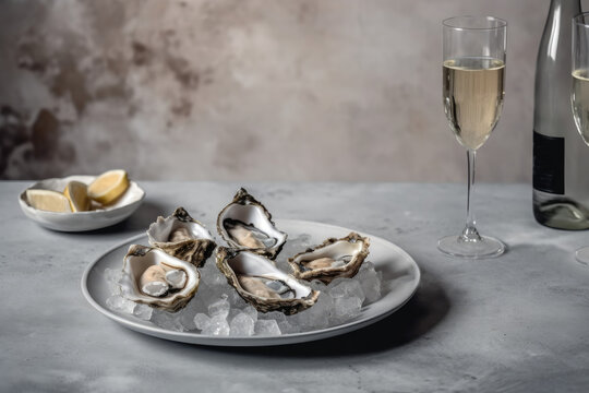 Close up of white plate with opened oysters with glass of wine, champane and lemon. Seafood on mramor table, background
