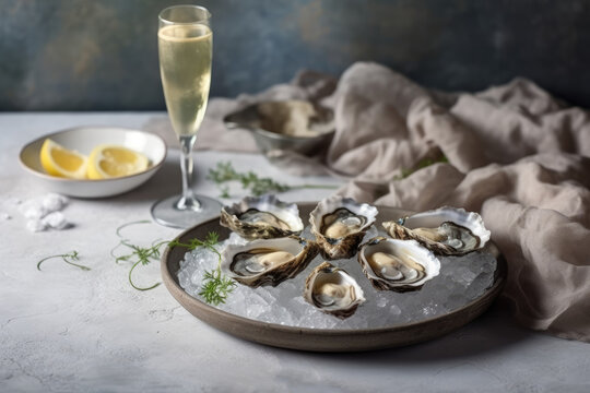 Close up of white plate with opened oysters with glass of wine, champane and lemon. Seafood on mramor table with linen textile, background