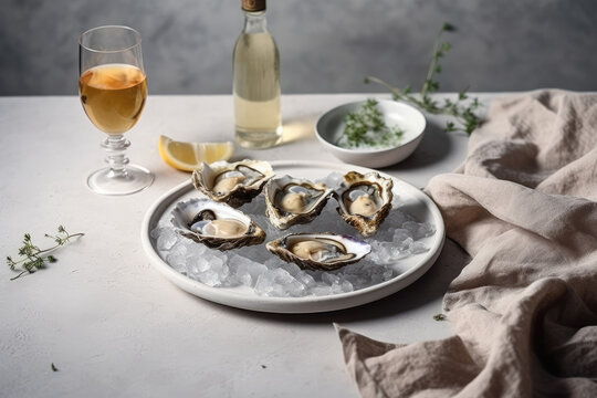 Close up of white plate with opened oysters with glass of wine, champane and lemon. Seafood on mramor table with linen textile, background