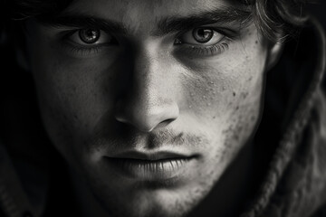 Male caucasian intense close up portrait in black and white, harshly processed - obrazy, fototapety, plakaty