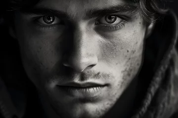 Foto op Plexiglas Male caucasian intense close up portrait in black and white, harshly processed © alisaaa