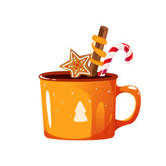 Yellow mug of hot chocolate, cocoa. Christmas drink with cinnamon, candy canes, gingerbread cookies. Vector illustration.