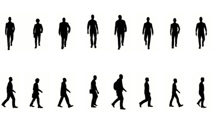 silhouette business man people walk on white background. silhouette black people walking communicate white screen. design for animation, people standing isolate speak person human silhouette body. - Powered by Adobe