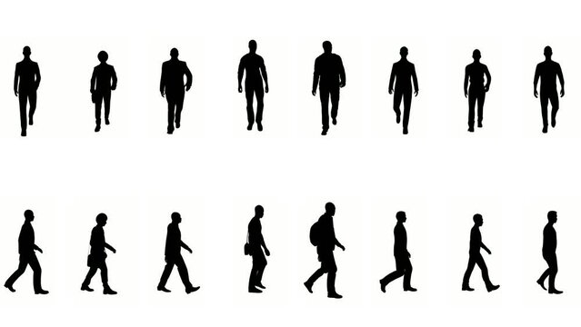 silhouette business man people walk on white background. silhouette black people walking communicate white screen. design for animation, people standing isolate speak person human silhouette body.