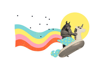 Creative photo illustration collage of swim wild horse animal colorful rainbow summer chill lifebuoy unicorn isolated on white background